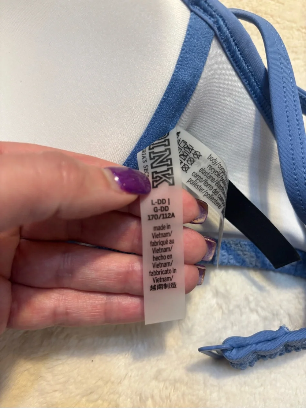 NWT PINK Victoria's Secret Bikini Top L-DD Blue Crinkle TexturePushup Underwire